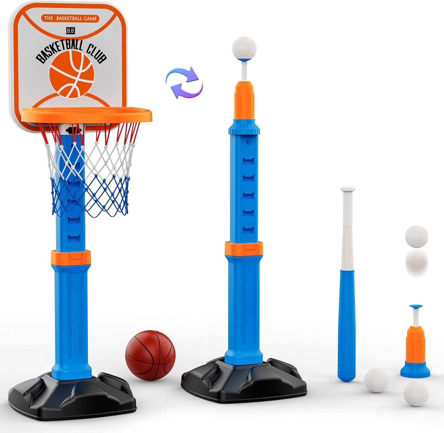 2 in 1 Toddler Basketball Hoop and T Ball Set with Automatic Pitching Machine - Adjustable Height, Kids Basketball Hoop Suit for Indoor Outdoor Sport Toys Gifts for Toddler Boys Girls Age 2-8